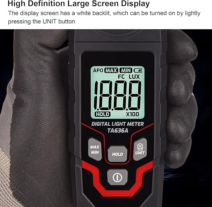 TA636A Digital Illuminance Meter Handheld Probe Luxmeter Lighting Intensity Brightness Light Tester 200000LX 20000FC 50 Sets 1‑60s Recording