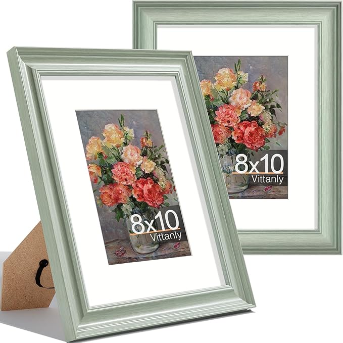 Vittanly 8x10 Picture Frames Set of 2, Ornate Vintage Photo Frame for Wall or Tabletop, Display 5x7 Pictures with Mat or 8x10 without Mat, Light Green
