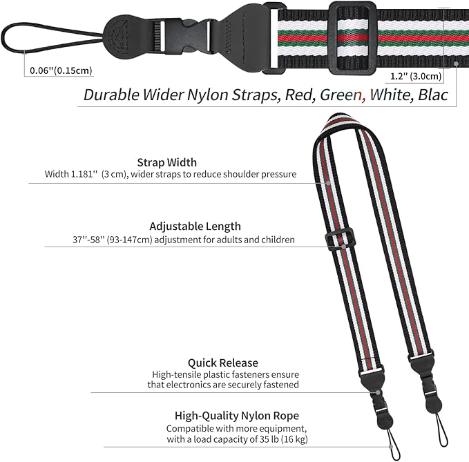 Adjustable Shoulder Strap, Comfortable for Camera Neck Lanyard iPad Strap iPad Strap for iPad, Camera, Binocular, Crossbody, Tablet, Laptop, Binocular, Luggage Bag(Red, Green White Black A16+2)