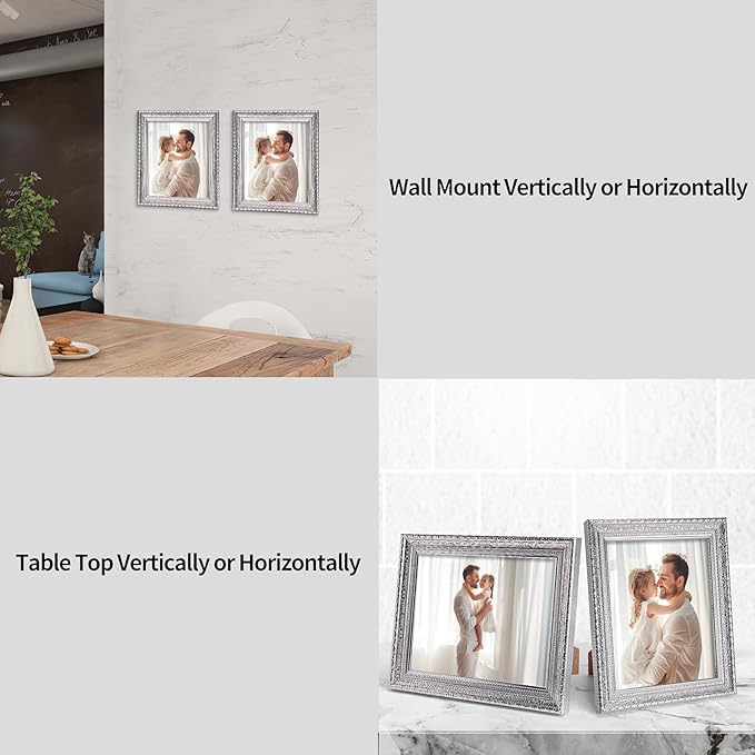 Edenseelake 8x10 Picture Frames Set of 2, Vintage Silver Photo Frame 8 by 10 for Tabletop or Wall Display