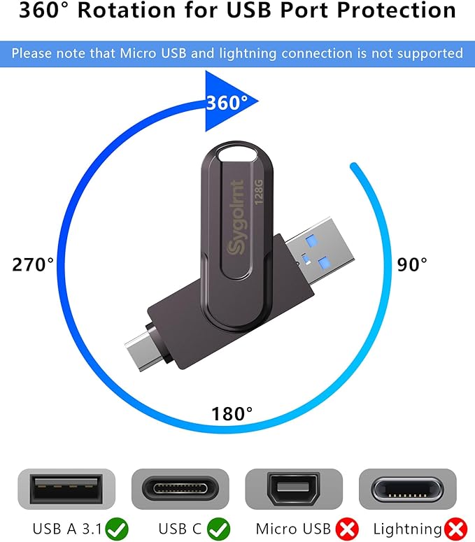 128GB USB Flash Drive, 3.0 - USB C & USB A 2-in-1 Memory Stick, Jump Drive with Keychain, Storage Photos Thumb Drives for iPhone 17/16/15, Android Phones, Laptops, Mac, iPad, Desktops, Tablet