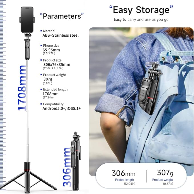 Gimbal Stabilizer - Master Every Move, 67" Selfie Stick Tripod for iPhone, Extendable Travel Tripod with 360° Panoramic Shot with Remote, Foldable Phone Stand for iPhone/Android