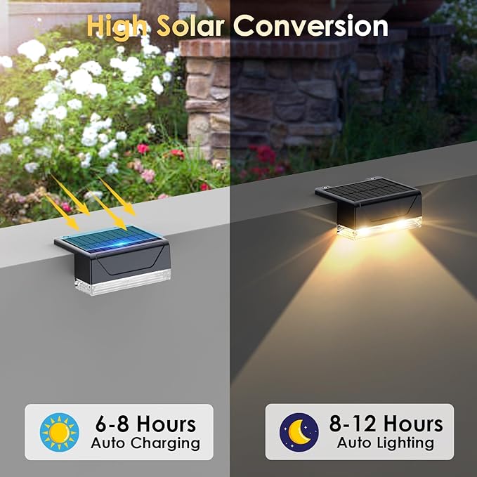 Solar Fence Lights Outdoor - 3000/4000/6000K 3 Mode, IP65 Waterproof Fence Lights Solar Powered, Dusk to Dawn Solar Light for Outside, Backyard/Step/Patio/Deck/Stair Railings and Wall (8 pack)