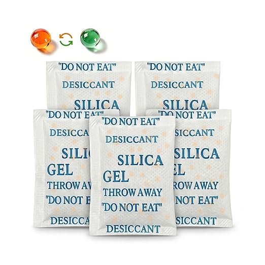50 Pack 5 Gram Desiccant Packs for Storage, Premium Silica Gel Packets (Rechargeable & Color Indicating), Safe Food Grade Moisture Absorbers for Storage Bins, Electronics, 3D Filament