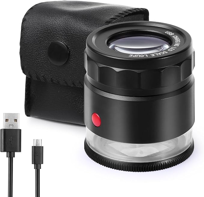 Amoper 30X Loupe Magnifier, USB Rechargeable 8 Lights Portable Eye Loupe Sewing Magnifying Glass for Watches, Jewelry, Coins, Currency, Stamps