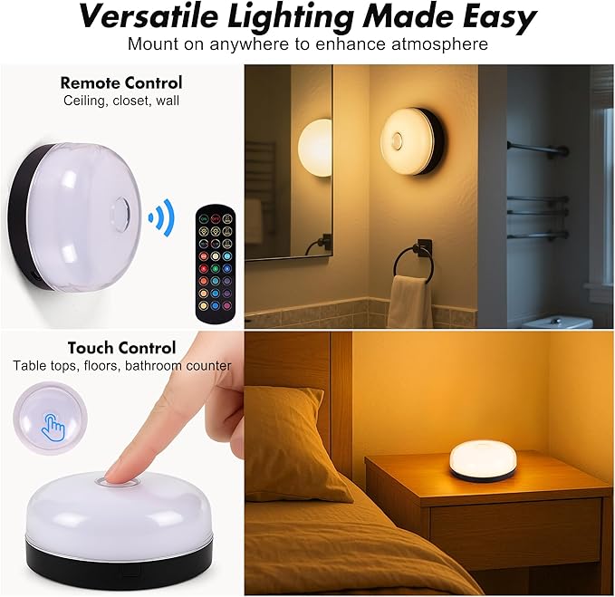 2-Pack Waterproof Shower Lights for Inside Shower, 15 RGBW Color Rechargeable Mood Lighting with Remote(Dimmable＆Timer), LED Wireless Ceiling Light for Bathroom, Closet, Hallway, Stairs, Party Decor