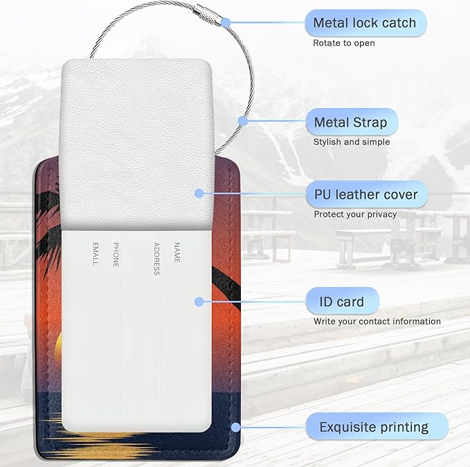 3 Pack Luggage Tags,Tropical Palm Sunset Sea Beach PU Leather Luggage Tags for Suitcase,Name ID Labels with Privacy Cover Suitcases and Metal Loop for Bag Suitcase