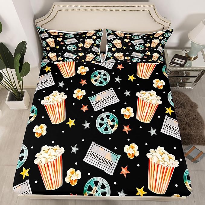 Erosebridal Vintage Cinema Theme Bed Sheets Set Twin Size for Kids Boys Girls,Movie Ticket Popcorn Sheet Set,Film Reel Sheets,Grey Yellow Stars Flat Fitted Sheet with 1 Pillowcase Deep Pockets