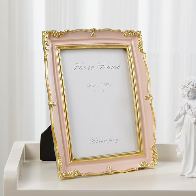 5x7 Pink Picture Frame, Vintage Pink and Gold 5 by 7 Antique Photo Frames, Ornate Textured Hand-Crafted Resin Frame with Glass Front for Tabletop Display or Wall Hanging, Retro Design Home Decor