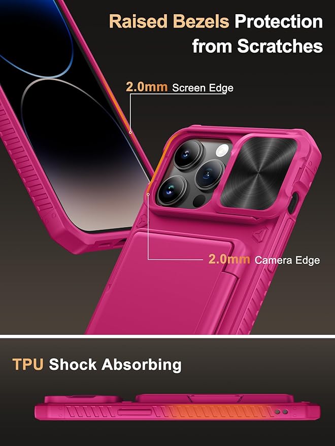 Vihibii for iPhone 14 Pro Max Case with Card Holder (4 Cards), [RFID Blocking] & Slide Camera Cover & Raised Edges Protect Screen, Military Grade Drop Protection, Rugged Wallet Case, 6.7", Hot Pink
