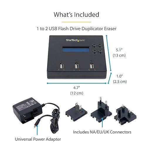StarTech.com Standalone 1 to 2 USB Flash Drive Duplicator / Cloner / Eraser, Multiple USB Thumb Drive Copier / Sanitizer, System File / Sector-by-Sector Copy, 1.5 GB/min, 3-Pass Erase, LCD, TAA
