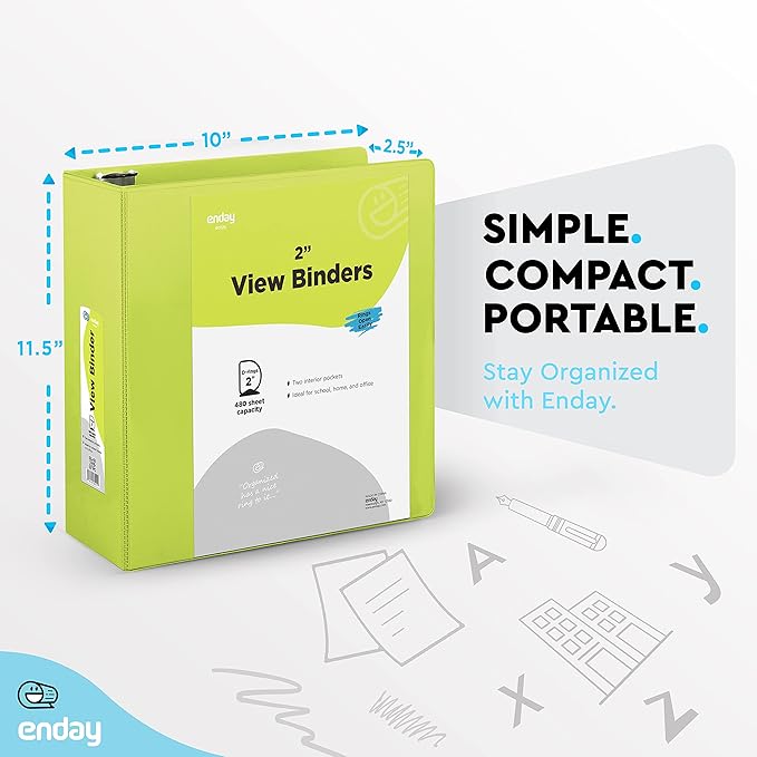 Enday 2 inch 3 Ring Binder (6 Pack - Assorted Colors) Binder 2 inch with Clear View Cover and 2 Inside Pocket - for Letter Size 8.5 x 11'' Paper, Ideal for School Supplies, Office, and Home