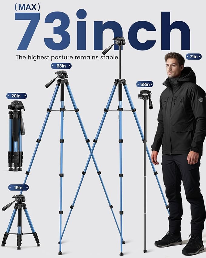 CAMBOFOTO 73" Camera Tripod and Monopod, Professional Aluminum Tripod Stand for Mirrorless Camera/DSLR/Cell Phone/Camcorder/GoPro, with Phone Holder and Travel Bag (Navy Blue)