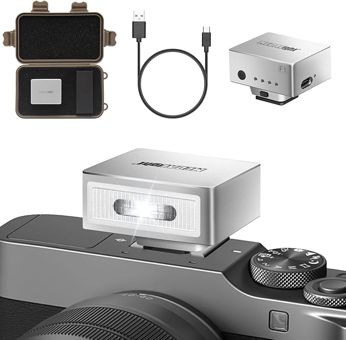 F1 Mini Camera Flash Camera Flash Speedlite for Ricoh (GR3/GR3X,etc.) Fuji/Sony ZV1/Nikon/Canon,Digital Film Cameras,Portable Mini hot Shoe Flashlight for DSLR Cameras.(Silver)