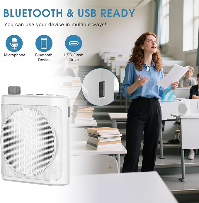 15W Wireless Voice Amplifier with 2 Magnetic Lavalier Mics & Noise Reduction - Bluetooth 5.3 PA System for Teachers, Tour Guide, Yoga - 15H Rechargeable Battery, Waist-Mount Design (White)