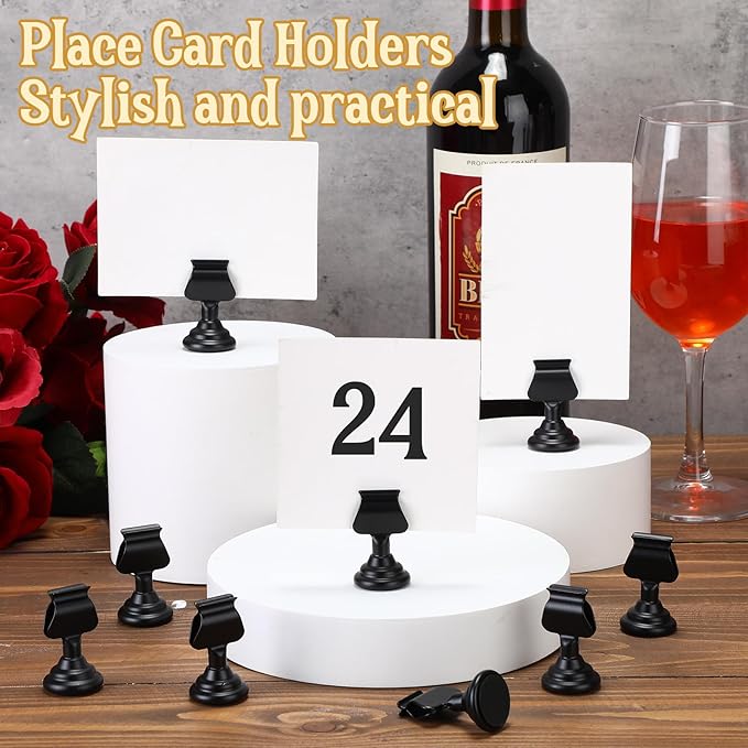 Kathfly 24 Pcs Metal Table Number Holders 1.7 Inch Black Mini Place Card Holders Bulk Harp-clip Table Sign Stands Card Holder Display Picture Memo Notes Menu for Weddings Restaurants Birthday Decor