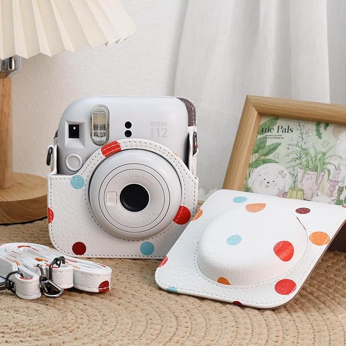 Frankmate Protective Case Compatible with Mini 12 Instant Film Camera with Accessory Pocket and Adjustable Strap (Polka Dots)