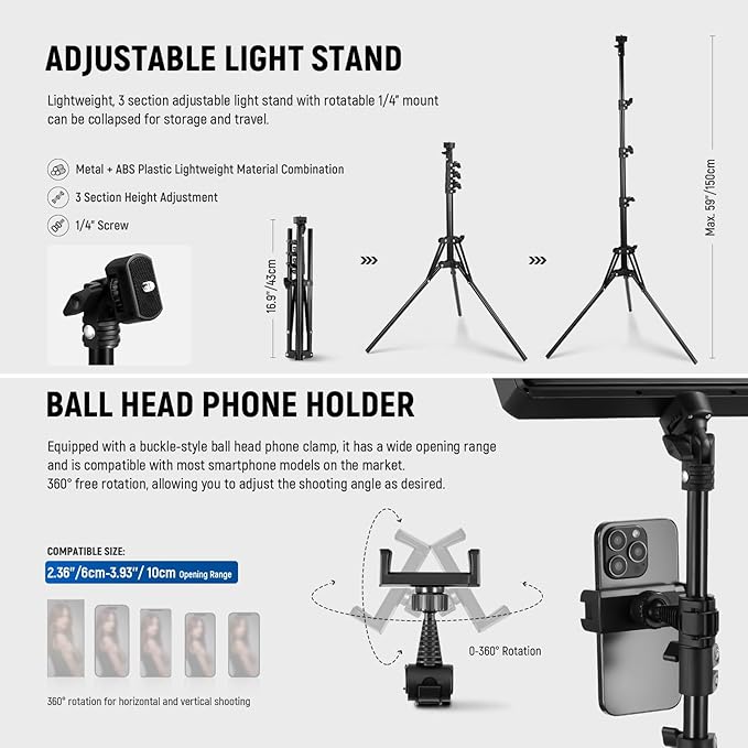NEEWER Basics 2Pcs LED Video Light Panel with 59'' Tripod Stands/Phone Holders, 2700-6500K 850Lux Dimmable Plastic Studio Lighting for Photography Filming Recording Live Streaming, No Adapter, BP300