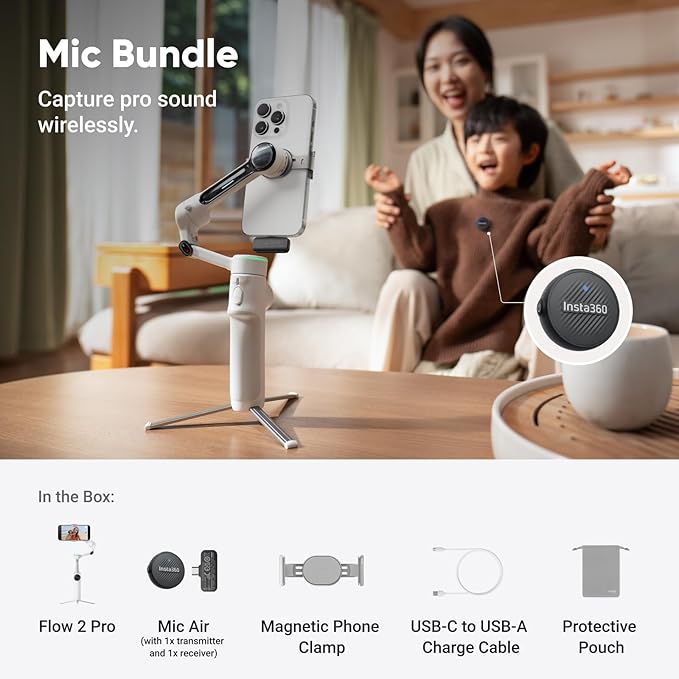 Insta360 Flow 2 Pro Mic Bundle White - Foldable AI Phone Gimbal, Track in 200+ iOS Apps, Multi-Person & 360 Pan Tracking, Built-in Tripod/Selfie Stick, iPhone/Android Stabilizer