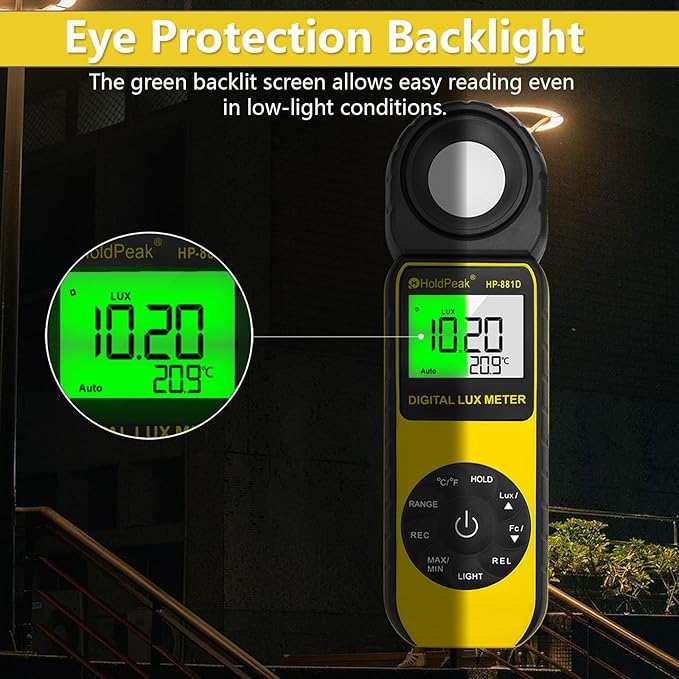 HOLDPEAK 881D Illuminance Light Meter, Digital Lux Foot Candles Meter 0.1~400,000 Lux (0.1~40,000 FC) with 270º Rotatable Detector, Par Meter Luxmeter for Plants LED Lights Indoor Outdoor Light Tester