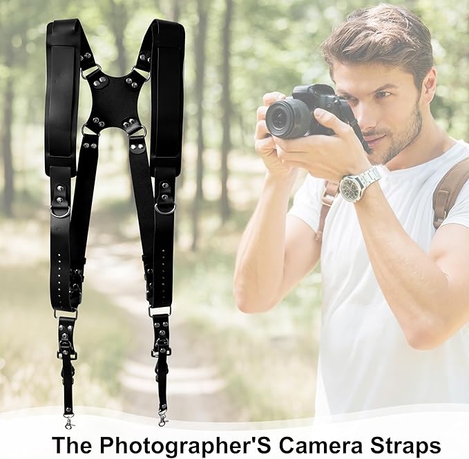 Double Camera Strap, Shoulder Camera Strap Harness Leather Dual Camera Strap for Two DSLR/SLR Cameras, Adjustable