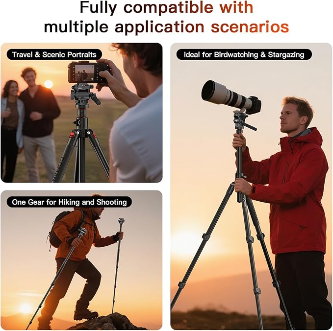 COMAN 72" Overhead Camera Tripod, Horizontal Video Tripod with Fluid Head QR Plate, Detachable Monopod, for DSLR Camera and Phone Camcorder Spotting Scope