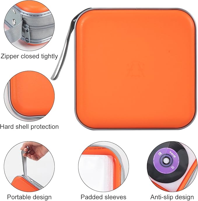 alavisxf xx 48 Capacity Hard Plastic DVD Case Portable Zipper CD Case Holder Large Storage Disc Wallet Bag for Car Home Travel (Orange)
