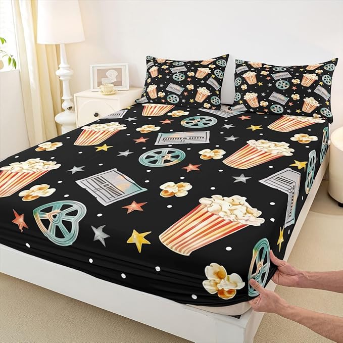 Erosebridal Vintage Cinema Theme Bed Sheets Set Twin Size for Kids Boys Girls,Movie Ticket Popcorn Sheet Set,Film Reel Sheets,Grey Yellow Stars Flat Fitted Sheet with 1 Pillowcase Deep Pockets