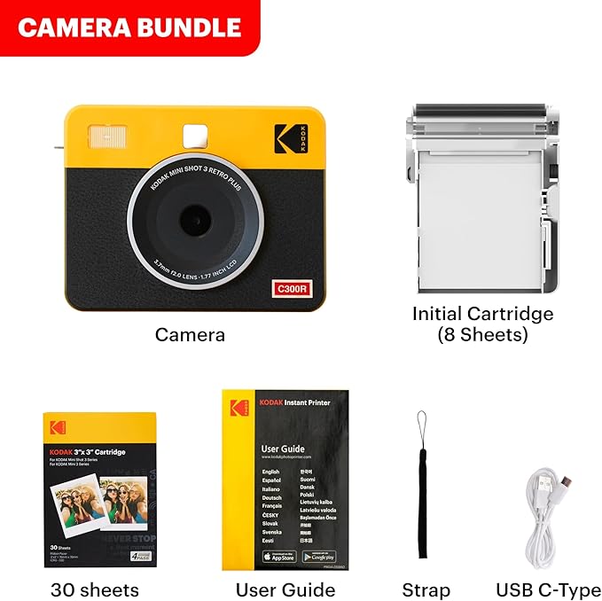 KODAK Mini Shot 3 Retro 4PASS 2-in-1 Instant Digital Camera and Photo Printer (3x3 inches) Initial 8 Sheets + 30 Sheets Cartridge Bundle, Yellow (NOT Zink)