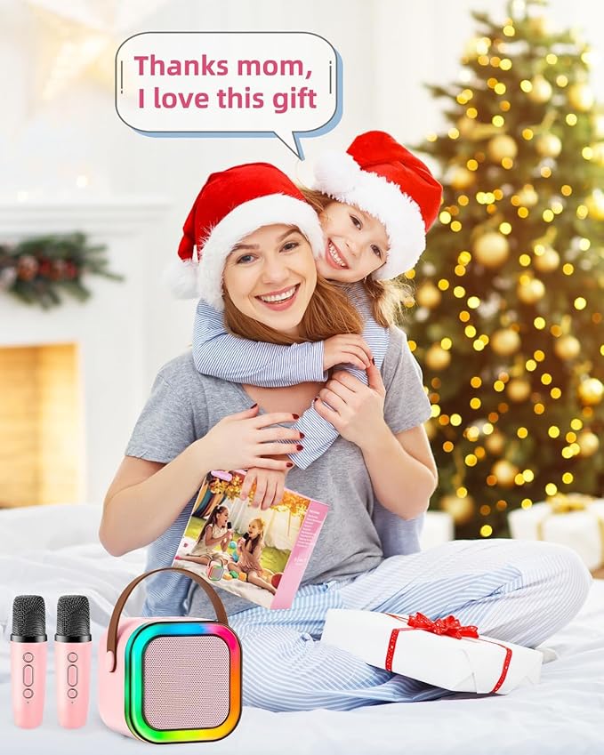 Mini Karaoke Machine, Portable Bluetooth Karaoke Speaker with 2 Wireless Microphones and Light for Family Home Party,Toys for Girls Boys Friends Age 3-12+ Kids and Adults Birthday Gifts.(Pink)