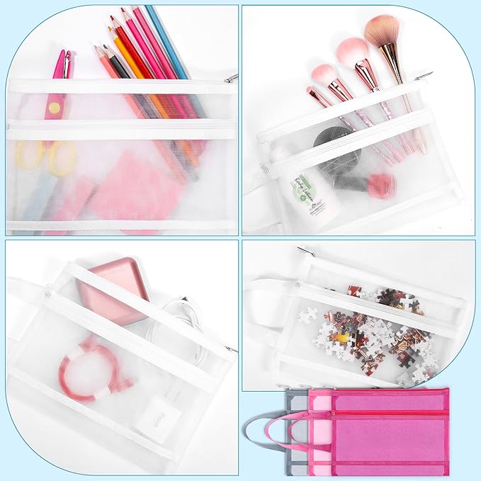 Fassave 6 Pack Mesh Zipper Pouch Bags, Double Layer Nylon Pouch with Handle for Office Travel Organization (White, A4)