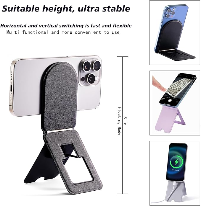 Magnetic Phone Stand, Foldable Cell Phone tripods Stain-Resistant Leather & Angle Adjustment, Multifuctional Strong Magnets Tripod for iPhone 16/15/14/13/12 -Grey