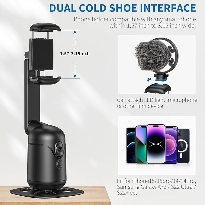 Auto Face Tracking Tripod, AI Phone Gimbal Stabilizer with Remote and Gesture Control, 360° Rotation, No App, 1200mAh Battery, 5-Hour Runtime, Cell Phone Photo and Video Kits Stand for Live Recording