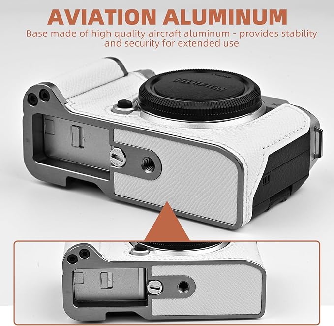 Uchandmade Handmade Genuine Leather Camera Half Case for Fujifilm X-M5/Fujifilm X-M5 Camera Case/Fujifilm X-M5 Case - Top Layer Cowhide Body + Metal Base Plate+ Hand Shank Design (White)