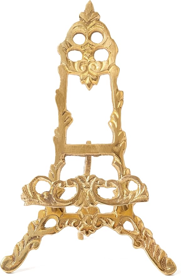 Gold Ornate Brass Easel Display Stand – 6″H x 4″W | Vintage Foldable Tripod Stand for Picture Frames, Plates & Collectibles