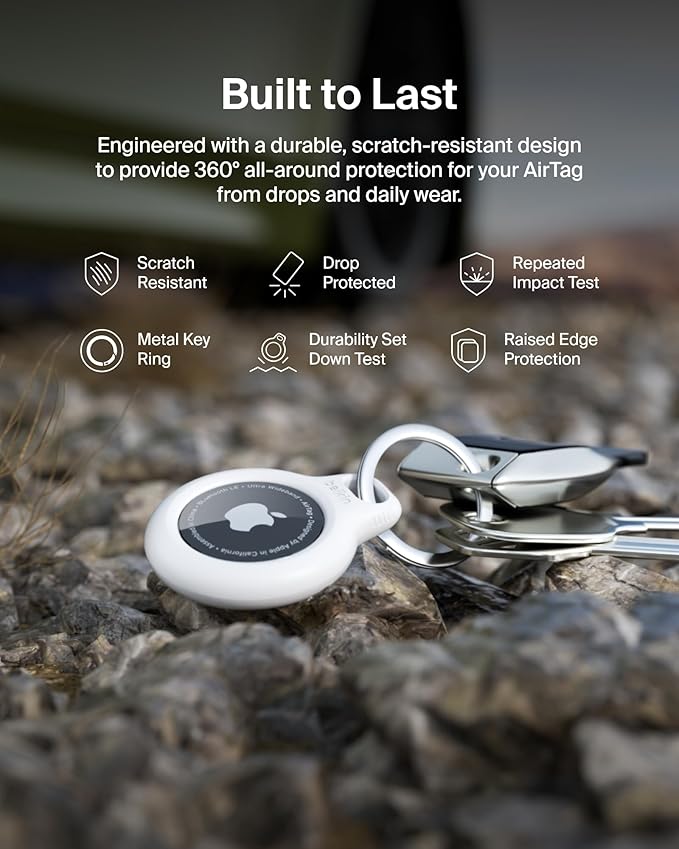 Belkin Apple AirTag Secure Holders with Key Ring - Durable, Scratch-Resistant Case with Open Face & Raised Edges - Protective AirTag Keychain Accessory for Keys, Pets, Luggage, & More - 2-Pack White