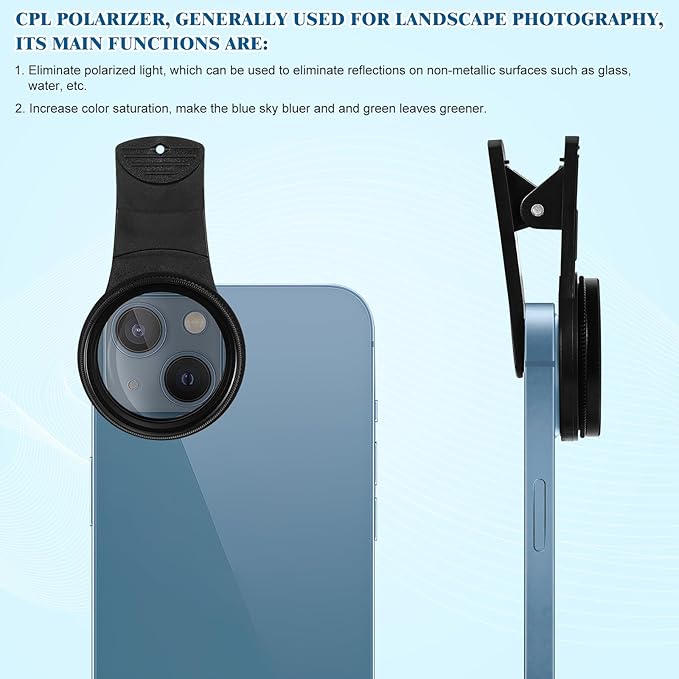 Mobile Phone Lens Set - 37mm Cpl Polarizing Lens Filter Kit for Smartphones Includes ClipLens Cover Storage Bag & Cleaning Cloth Enhance Color Saturation & Reduce Reflections