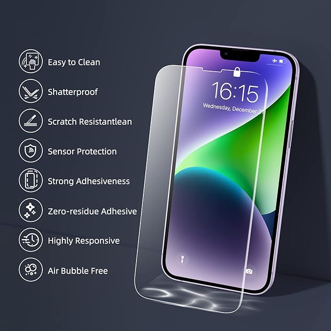 ruwa Screen Protector for iPhone 13/13 Pro/14/16e [3-Pack] [6.1 Inch] Display Tempered Glass Film with Easy Installation Frame, Ultra HD, 9H Hardness, Scratch Resistant, Case Friendly, Full Coverage