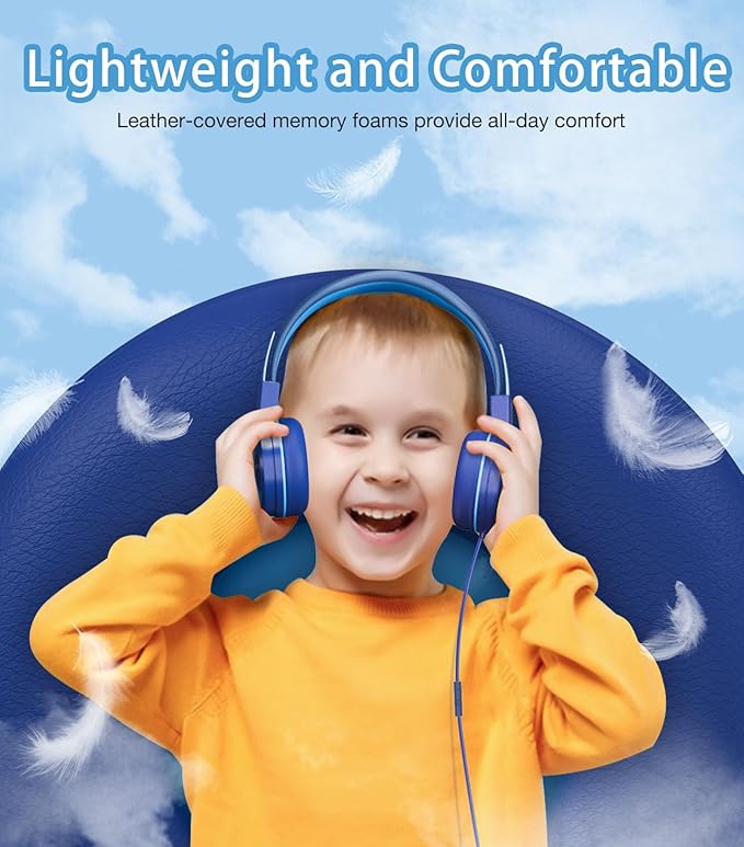Kids Headphones with LED Lights for School, Upgrade USB Type C Kid Headphone with Microphone, Volume Limiter 85/94dB, Wired On Ear Headphones for Boys/Girls/Tablet/Travel -Blue