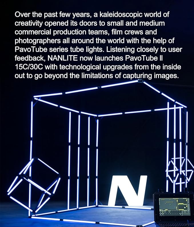 NANLITE PavoTube II 15C LED RGB Tube, 2.4G Bluetooth Smart Wireless Control, 2700K-7500K (G/M±150) Ultra-Wide Color Gamut, 30W Portable Handheld Photography Lighting Stick