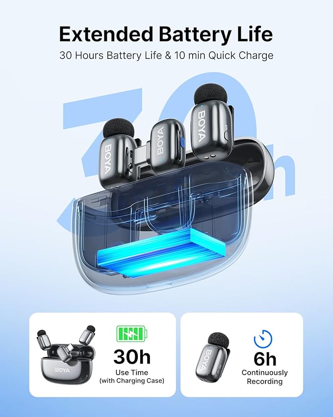 BOYA mini 2 Wireless Lavalier Microphone for iPhone 15/16/17 & Android,AI Noise Cancellation,App Control, 30H Battery Life with Charging Case,Lapel Microphone Wireless for Video Recording Podcast Vlog