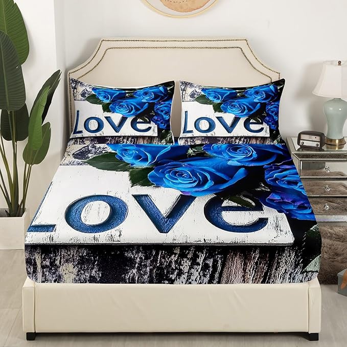 Erosebridal Blue Rose Flat Sheet Set - Twin Size, 3 Pcs Romantic Bedding with Rose Love Print Fitted Sheet in Grey