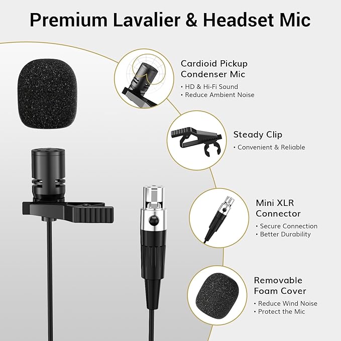 TONOR UHF Wireless Microphone System with Headset Lavalier Lapel Mic, Bodypack Transmitter, Rechargeable Receiver, 15 Channels 60 m/200ft Range 1/4" Output for Recording, 1 Bodypack Mic