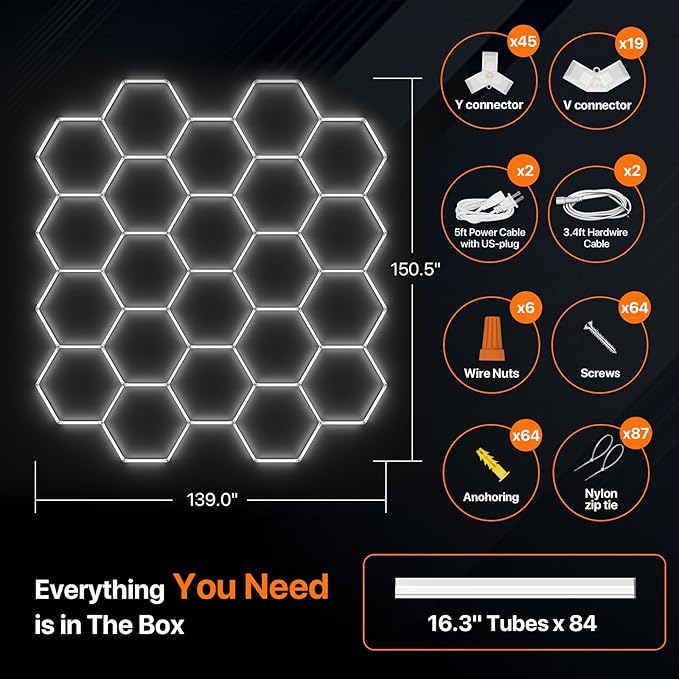 Hexagon Garage Lights: 581W 22 Grids Hexagon Led Lights, 6500K Ultra Bright Hex Light, Honeycomb Light for Garage, Shop, Basement, Barber, Homegym