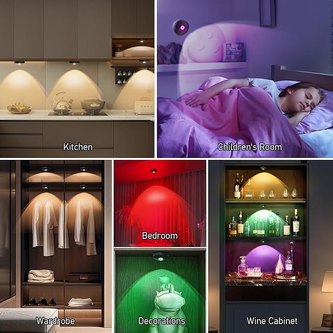 Rechargeable RGB Puck Lights,13 Colors Changeable LED Puck Lightings Remote Controls,LED Under Cabinet Lighting,Battery Operated Tap Lights,Dimmable Wireless Closet Light for Kitchen