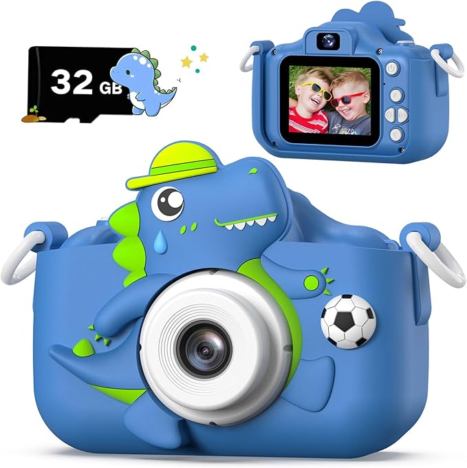 Dinosaur Kids Camera for Boys Girls, Toddler Digital Selfie Camera with Cute Protective Cover and 32G SD Card, Christmas Birthday Gifts Toys for 3 4 5 6 7 8 9 10 11 12 Years Old Little Girls and Boys