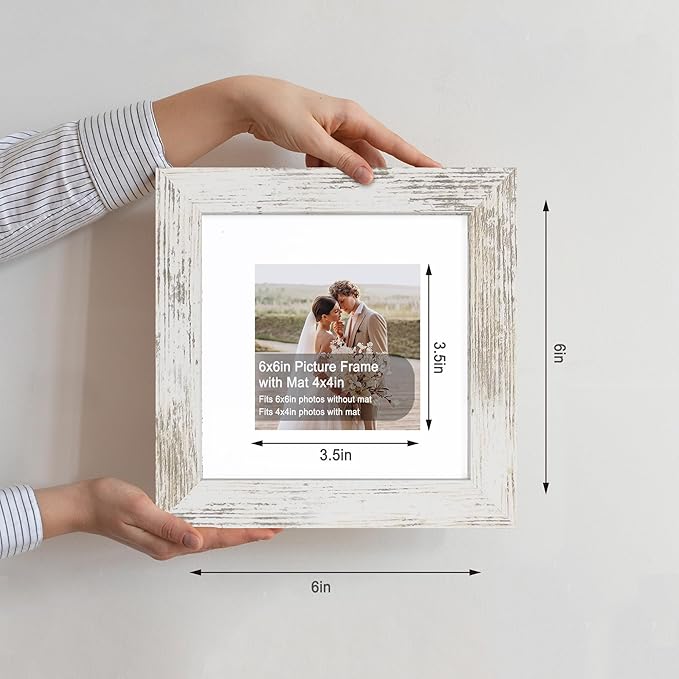 6x6 Picture Frame Set of 4, Made of Real Glass and Multicolour Wooden Frame, 6 by 6 Photo for Wall or Tabletop - Display Picture 4x4 with Mat or 6x6 Without Mat