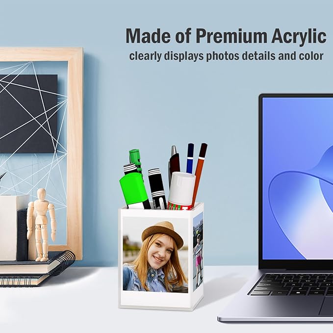 Losneg Polaroid Frame for 2x3 Pictures, Instax Mini Frame, Small Acrylic Clear Desk Photo Cube 4-Sided Displays 3 in Sprocket Photos, with Pen Holder for Office Organizer