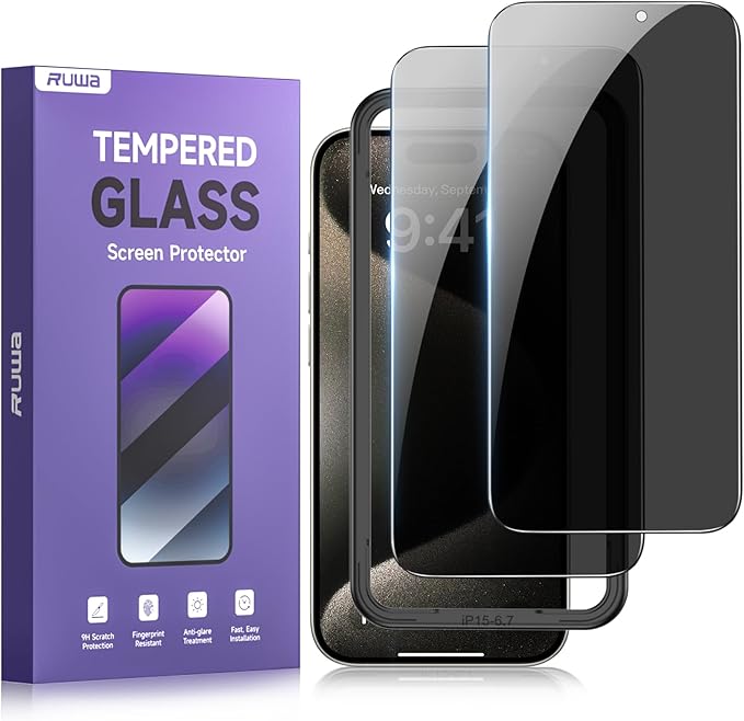 ruwa Privacy Screen Protector for iPhone 15 Plus/16 Plus [6.7 Inch][2-Pack] Anti-peep Tempered Glass Film with Easy Installation Alignment Frame, 9H Hardness, Scratch Resistant, Case Friendly