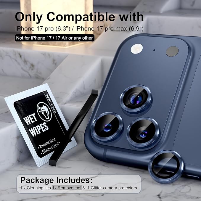 Choiche Compatible for iPhone 17 Pro/iPhone 17 Pro Max Camera Lens Protector, 9H Tempered Glass Camera Cover Screen Protector Metal Ring Decoration Accessories (Blue)